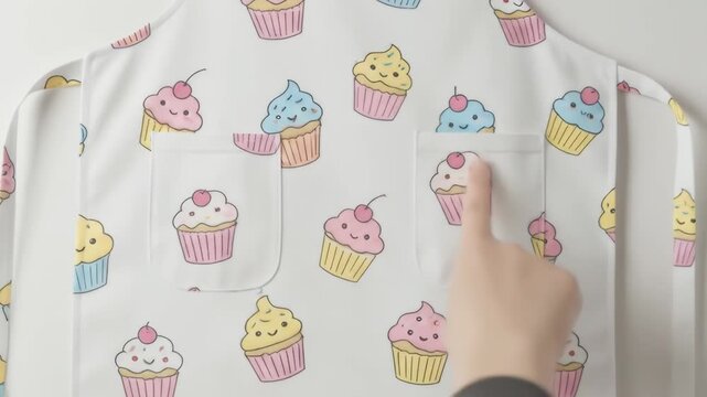 White apron adorned with colorful, smiling cupcake illustrations