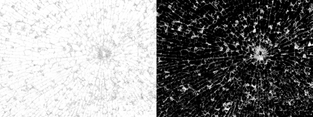 Transparent cracked glass with bullet hole. Overlay effect. Broken glass. Shards.