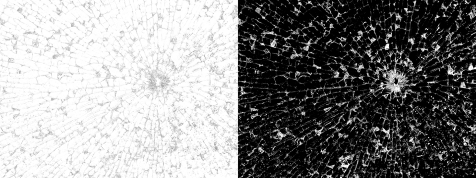 Transparent cracked glass with bullet hole. Overlay effect. Broken glass. Shards.