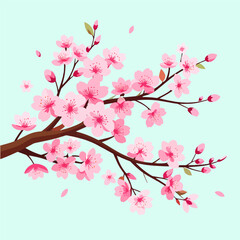 A vector illustration of a blooming cherry blossom branch with pink flowers against a serene blue background, capturing the essence of springtime.