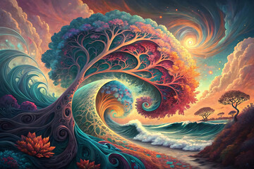 Fantasy Tree Wave Illustration | Surreal Nature Art with Ocean Energy