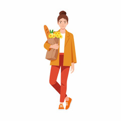 Obraz premium Casual Girl Holding Grocery Bag with Flowers – Flat Vector Style