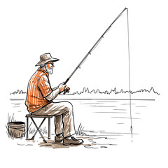 Elderly man fishing by the river in a casual outdoor setting  
