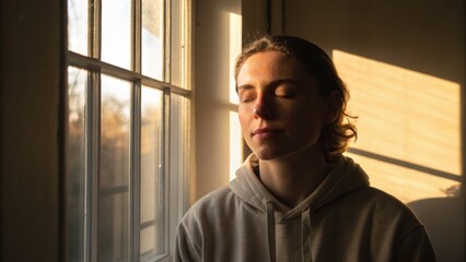 A woman with closed eyes enjoys warm sunlight through a window, creating a peaceful and reflective atmosphere indoors.
