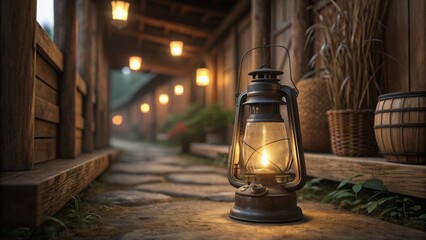 A vintage lantern glows warmly on a stone pathway in a rustic village lane at dusk, surrounded by wooden structures and soft, ambient lights.