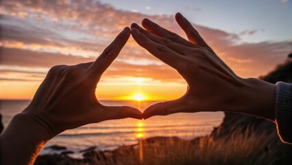 Hands forming a triangle shape around the setting sun over a coastal landscape during sunset.