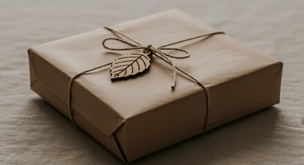 Elegantly Wrapped Gift with Natural Twine and Wooden Leaf Tag Detailing