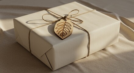 Elegantly Wrapped Gift with Natural Twine and Wooden Leaf Tag on Neutral Linen