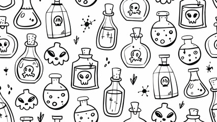 Seamless pattern featuring various potion bottles and skull motifs in a hand drawn style illustration