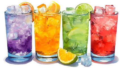 A vibrant collection of refreshing cocktails in clear glasses, featuring ice cubes and colorful fruit slices, perfect for summer gatherings and celebrations.