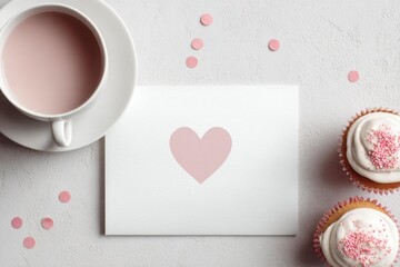 Pink Valentine's Day Card with Cupcakes and Tea