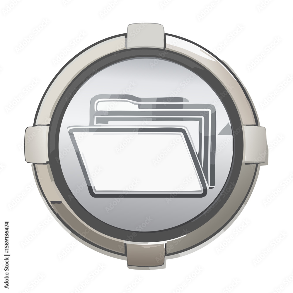 Poster glossy metallic icon of open file folder with document, computer data archive in round bezel interfa