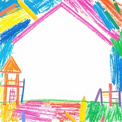 Crayon drawing of playground and house frame
