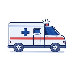 Cartoon ambulance van illustration with red siren, isolated on black background.