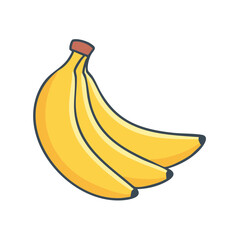 Three yellow bananas illustration with peel texture and dark outline on a black background, fresh, healthy