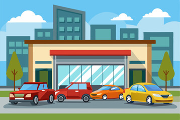 Vector flat illustration of a car showroom, showcasing modern vehicles and a sleek display. Perfect for automotive designs, advertisements, and dealership promotions.