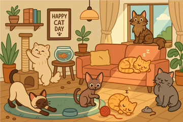 Happy Cat Day Adorable Feline Friends Celebrating in a Cozy Home Environment with Toys and Sunshine