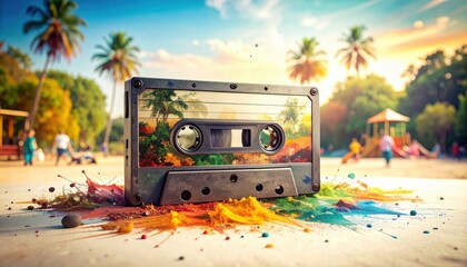 Vintage cassette tape in colorful tropical playground