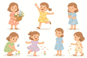 Little Girls in Floral Dresses A Collection of Playful Childhood Moments with Blossoms