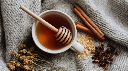 Fototapeta premium Cozy Winter Tea with Honey and Cinnamon on Knit Texture