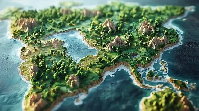 Detailed 3D map of a lush, green island landscape with mountains and water features in a vibrant setting