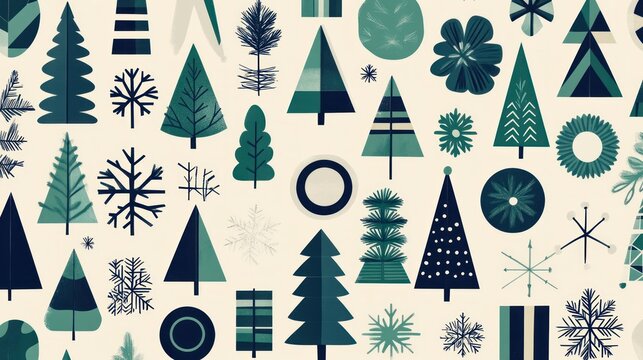 Festive geometric winter pattern with trees, snowflakes, and circles on beige background.
