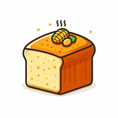 Cartoon style loaf possibly corn bread Topped with corn and a green sprig
