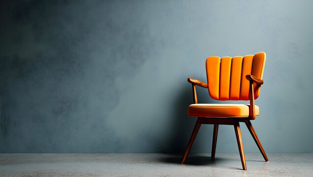 A stylish mid-century modern chair in vibrant orange stands against a minimalist grey wall, embodying contemporary design and comfort in decor.