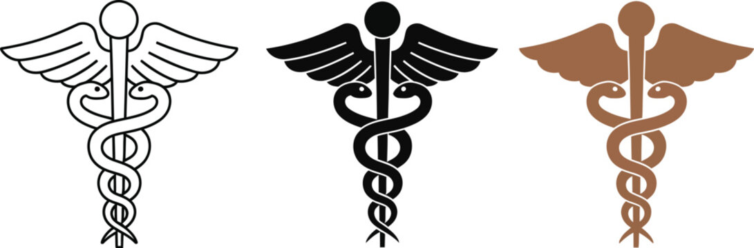Three caduceus symbols showcase medical profession icons in line art, solid black, and brown, representing healthcare, medicine, and healing with a classic emblem.