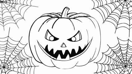 Illustration of a halloween pumpkin with a scary face and spiderwebs on a white background drawing art