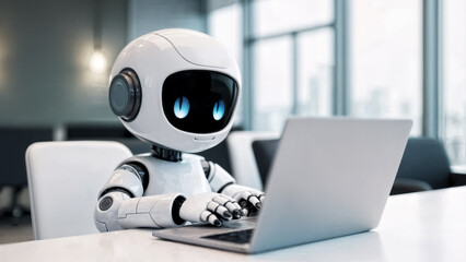 cartoon kind robot working on laptop in office, artificial intelligence and automation concept