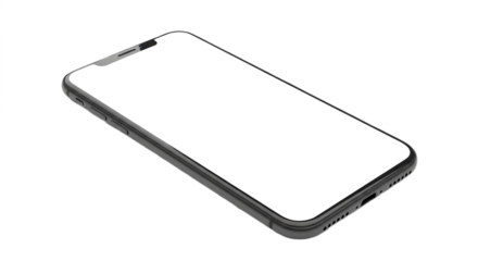 Angled view of a modern gray smartphone with a blank white screen.