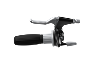 A black motorcycle or scooter throttle grip with a silver brake/clutch lever assembly, captured in high detail. This isolated vehicle part is presented on a PNG Transparent HD Background, perfect for
