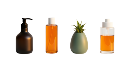 Minimalist amber glass bottles and a green succulent pot arranged in a row.