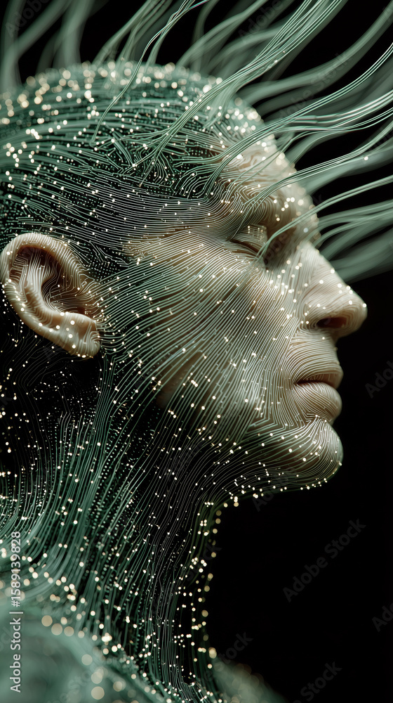 Poster futuristic human with digital lines and glowing nodes flowing from their head, symbolizing simulatio