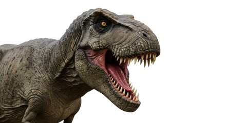Ferocious tyrannosaurus rex portrait showcasing teeth and textured skin against a white backdrop