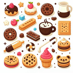 Cartoon sweets collage donuts cookies cupcake coffee pastry lollipop sugar cubes candies and kitchen tool