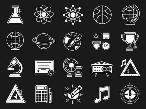 Collection of educational and scientific icons representing learning and discovery