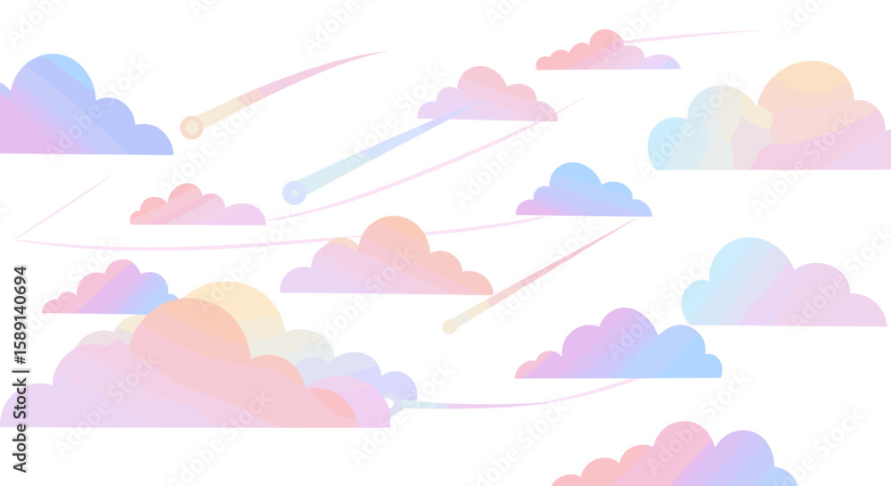 Poster pastel gradient clouds with comets on white sky background