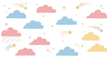 Obraz premium Whimsical sky pattern with clouds and shooting stars in pastel colors
