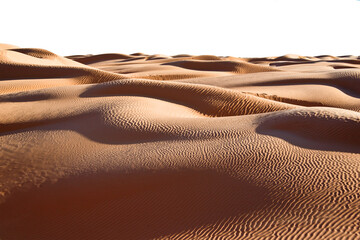 Sand dunes abstract desert landscape isolated on white or transparent background, Sahara, South Tunisia, png cut out