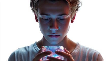 Teen Boy Engaged with Futuristic Smartphone Display