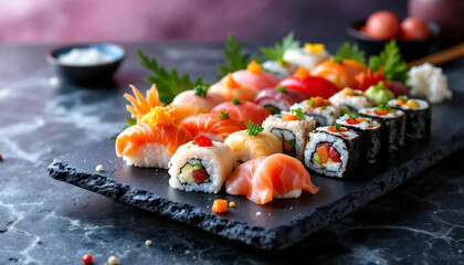 An assortment of colorful sushi rolls and nigiri elegantly arranged on a textured black slate plate, showcasing various fish and vegetable fillings.