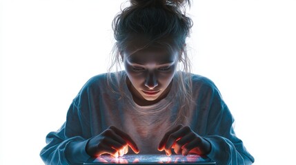Engaged Girl Interacting with Futuristic Tablet Device