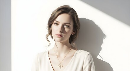 pendant libra zodiac sign Elegant woman posing against a sunlit wall showcasing minimalist fashion and natural beauty in a serene indoor setting