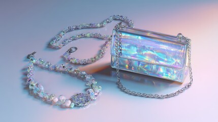 Iridescent Jewelry and Purse on Soft Background