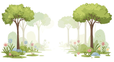 Lush green forest with flowering plants in watercolor style