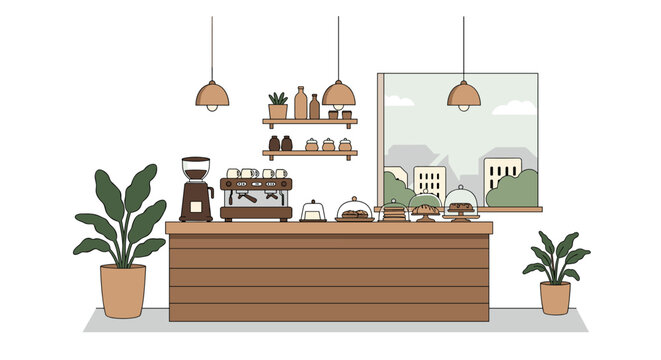 Cozy coffee shop interior with minimalist design and wooden elements - Powered by Adobe