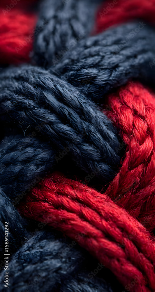 Poster close-up of intertwined blue and red ropes showcasing unique textures and patterns. ideal for projec
