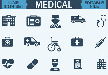  Modern Flat Medical Icons Set Representing Healthcare, Medicine, and Insurance Concepts